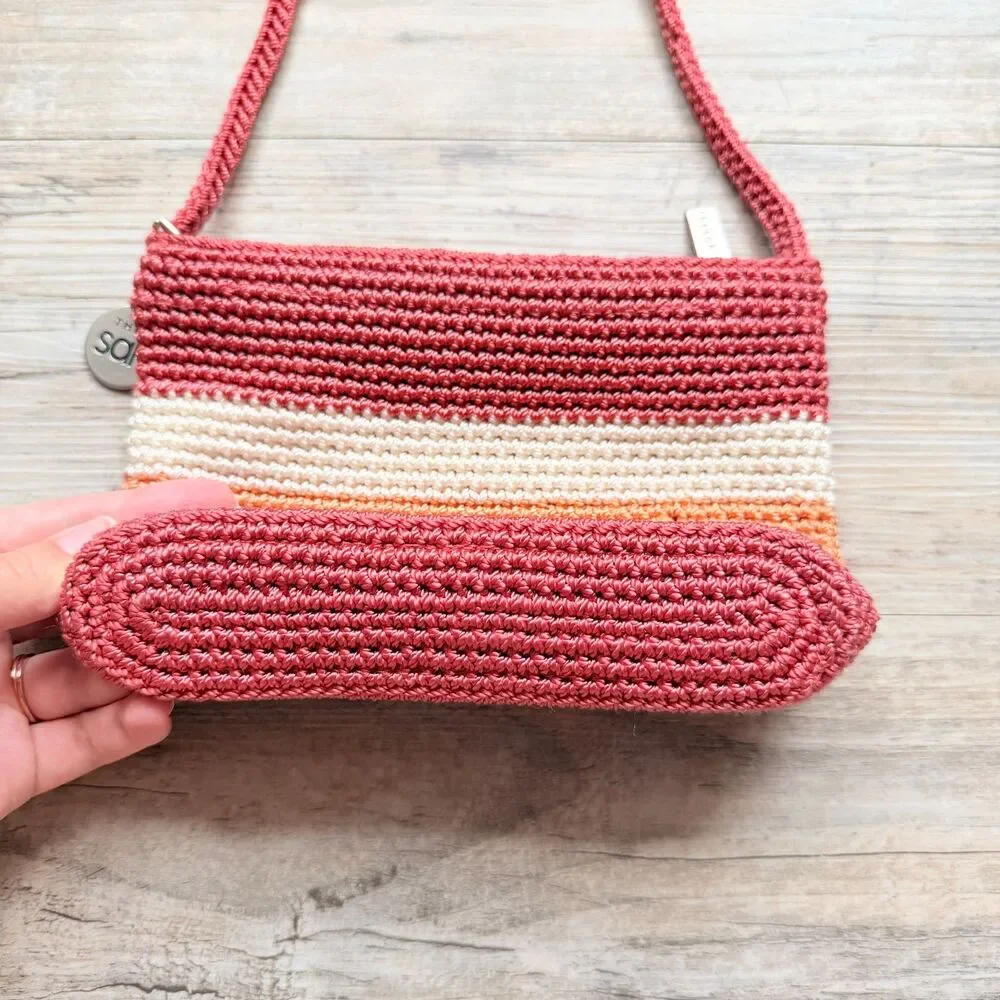 The Sak Crochet Knit Striped Shoulder Bag Y2K Boho Pink Sunset Mini Hobo Purse